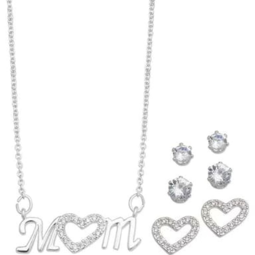 RH Macys Plated Cubic Zirconia Mom Heart Necklace With Three Piece Earring Se